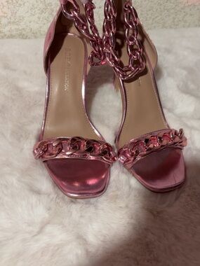 BCBGeneration Metallic Pink Chain-Strap Heeled Sandals